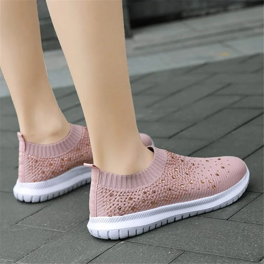 Women's Mesh Walking Shoes Rhinestone Glitter Slip On Ballroom Sneakers Pink